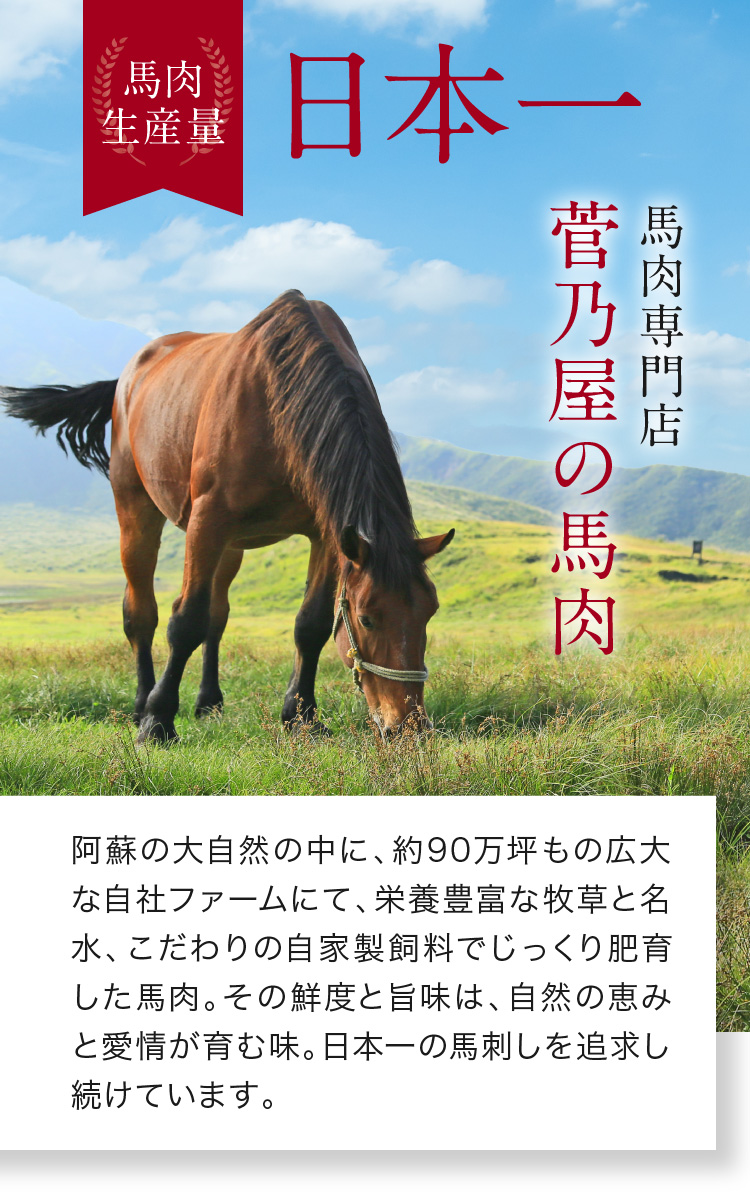 馬肉生産量日本一 馬肉専門店菅乃屋の馬肉 阿蘇の大自然の中に、約90万坪もの広大な自社ファームにて、栄養豊富な牧草と名水、こだわりの自家製飼料でじっくり肥育した馬肉。その鮮度と旨味は、自然の恵みと愛情が育む味。日本一の馬刺しを追求し続けています。